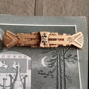 Antique bar pin Victorian gold tone Etruscan brooch 1800s black enamel